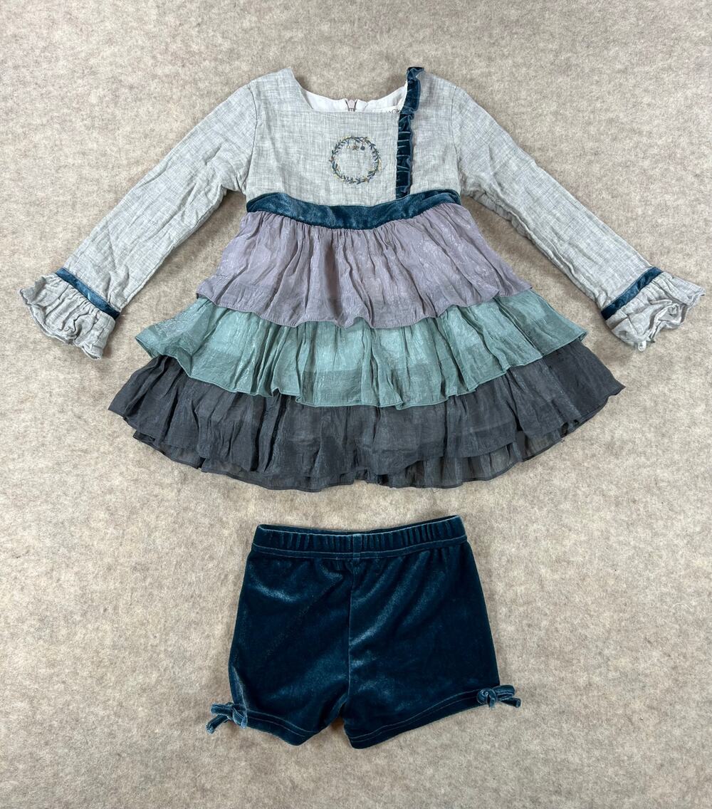 Evie's Closet Blue Christmas Ornament Tunic Dress Velvet Shorts Girls Size 6